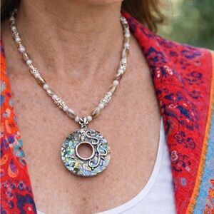Silver and Abalone beaded vintage Pendant Necklace